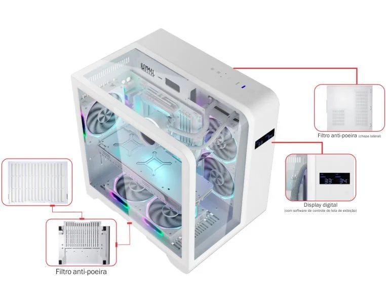 Gabinete Gamer K-mex Aquario Cg-w8ki Cyberpunk White Com Topo De Vidro E Display Digital Gabinete Gamer K-mex Aquario Cg-w8ki Cyberpunk White Com Topo De Vidro E Display Digital