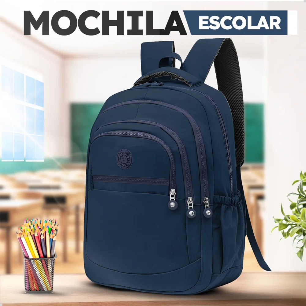 Imagem 3 de 5 do produto Mochila Feminina Escolar Casual Dia A Dia Bolsa Grande Espaço Notebook Faculdade Cor Azul Marinho