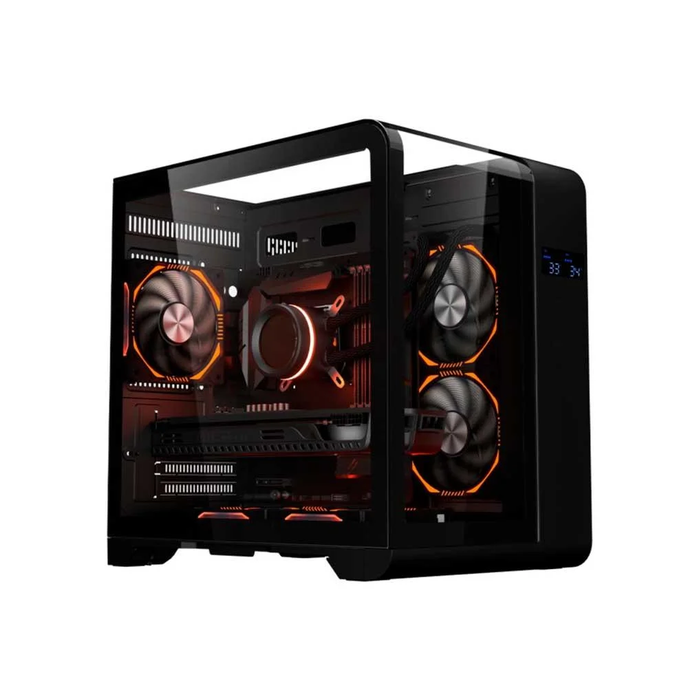 Gabinete Gamer K-mex Aquario Cg-48ki Cyberpunk Preto Com Topo De Vidro E Display Digital