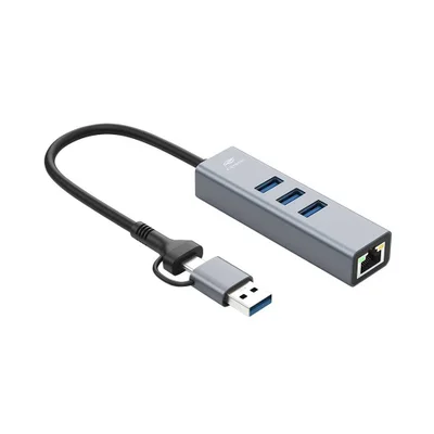 Hub Usb C3tech 3.0 3 Portas Usb E 1 Lan Com Conector Alternável Hu-lan1000gy Cinza.