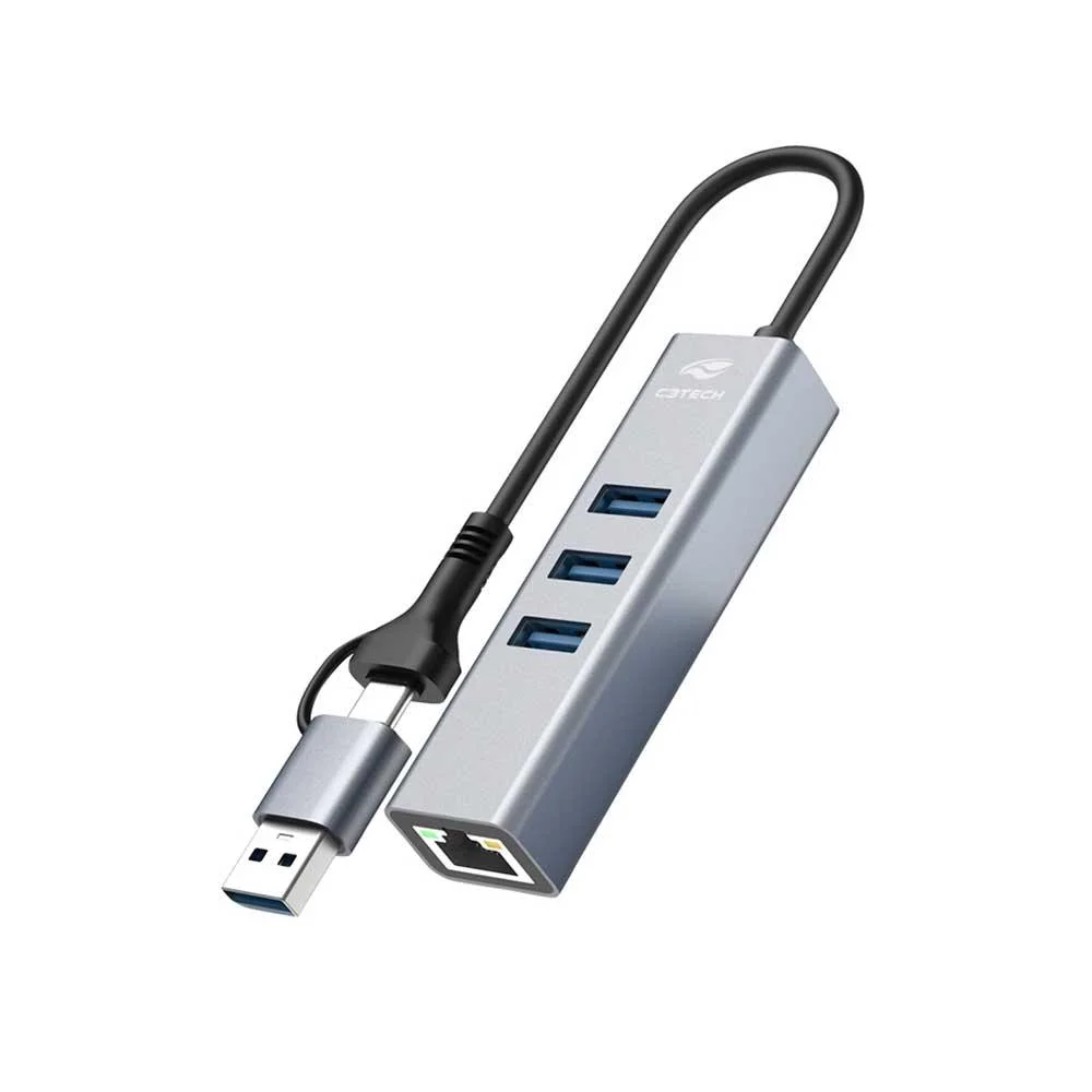 Imagem 2 de 4 do produto Hub Usb C3tech 3.0 3 Portas Usb E 1 Lan Com Conector Alternável Hu-lan1000gy Cinza.
