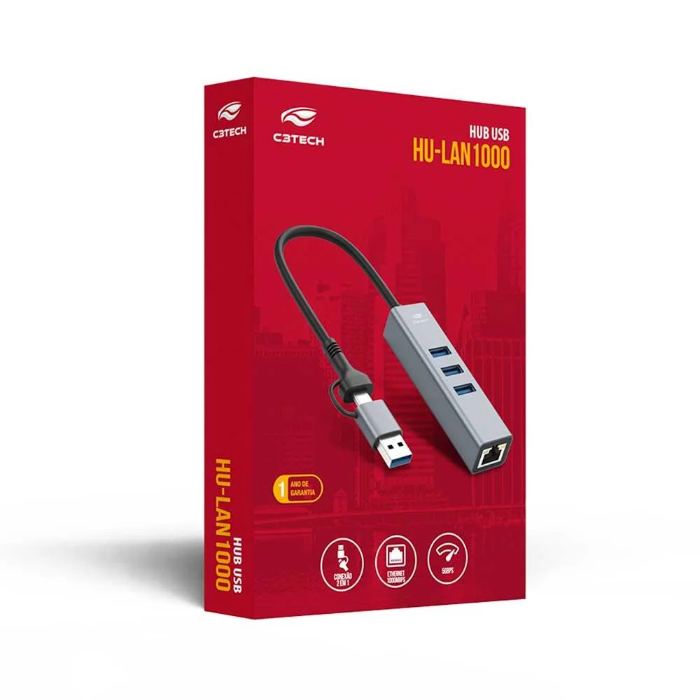 Imagem 4 de 4 do produto Hub Usb C3tech 3.0 3 Portas Usb E 1 Lan Com Conector Alternável Hu-lan1000gy Cinza.