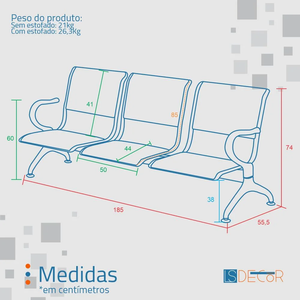 Imagem 2 de 5 do produto Cadeira Longarina Preta Com Estofado Preto 3 Lugares.
