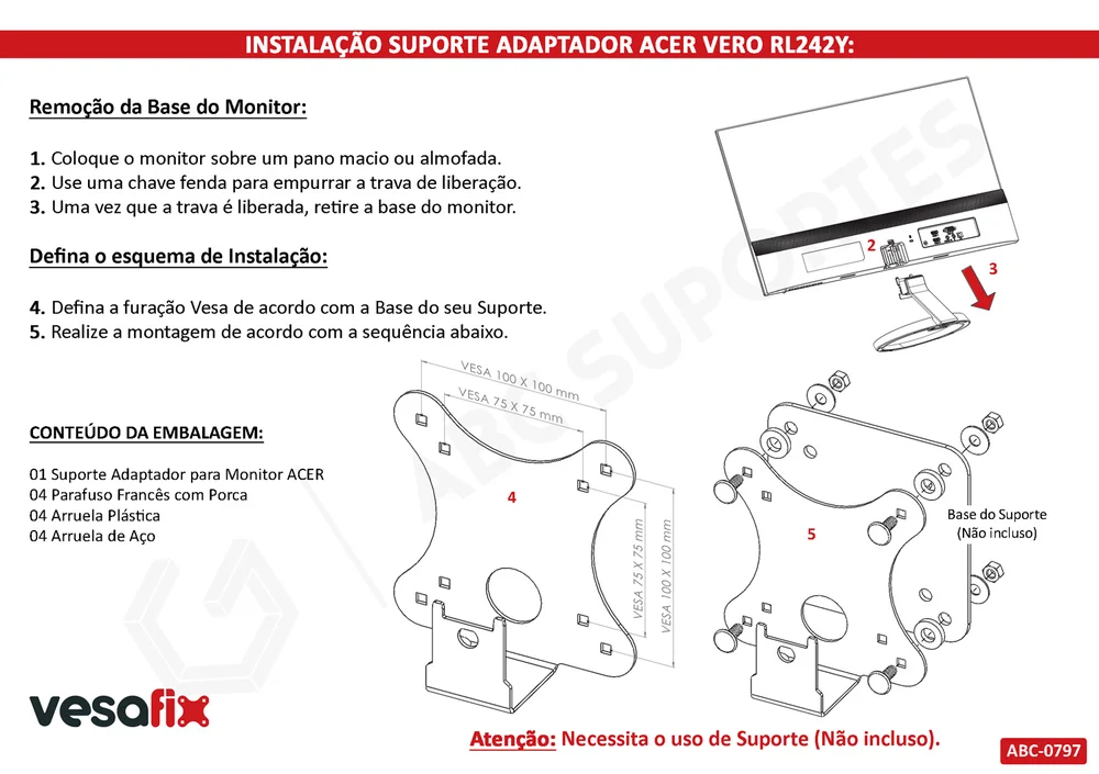 Imagem 4 de 4 do produto Adaptador Vesa Monitor Acer Vero Rl242y Sem Furação Vesa.