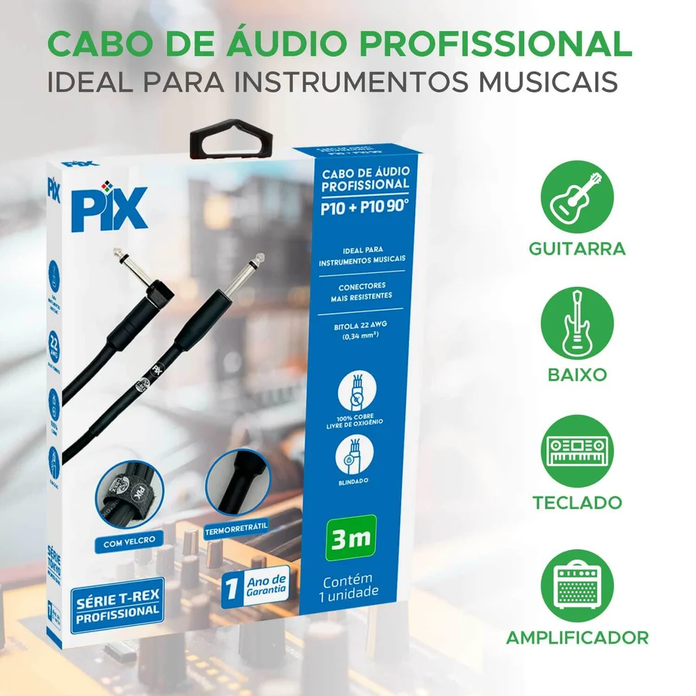 Imagem 5 de 5 do produto Cabo P10 + P10 90° Mono 100% Cobre P/ Instrumentos 3 Metros