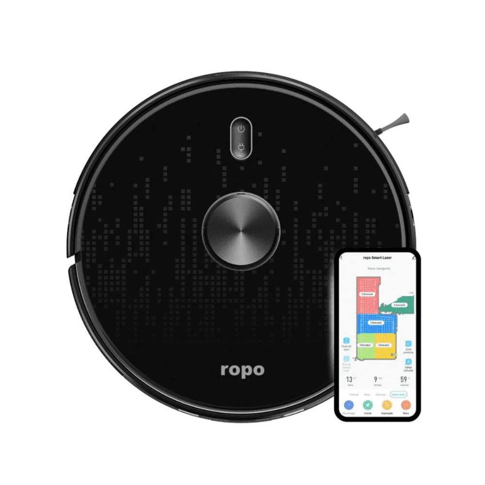 Robo Aspirador Ropo Smart Laser Navegação A Laser, App, Google Asistent, Alexa, Varre Aspira E Passa Pano, Preto, Bivolt