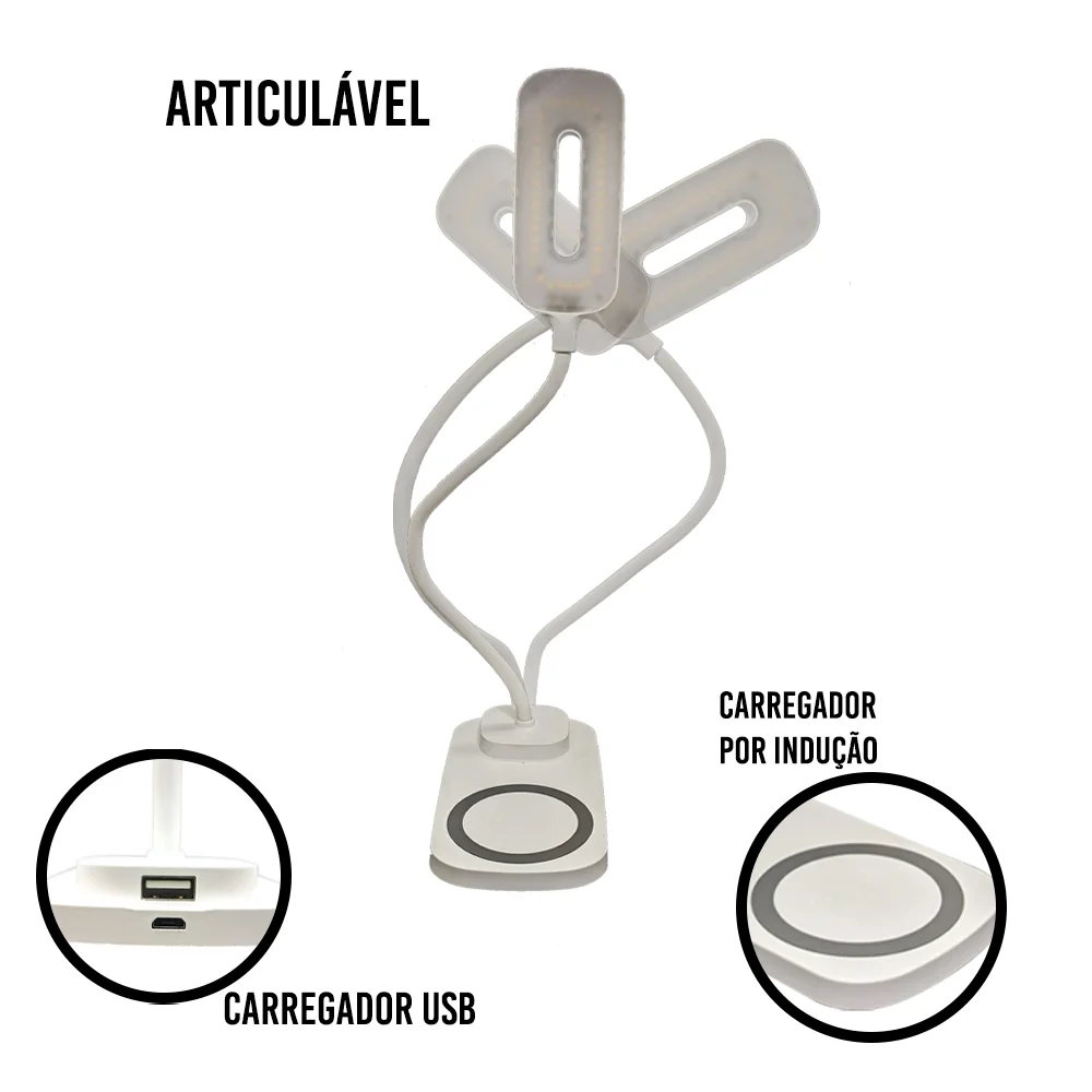 Imagem 3 de 5 do produto Luminaria De Mesa LED Carregamento Sem Fio Induçao Celular Articulavel 3 Cores Touch