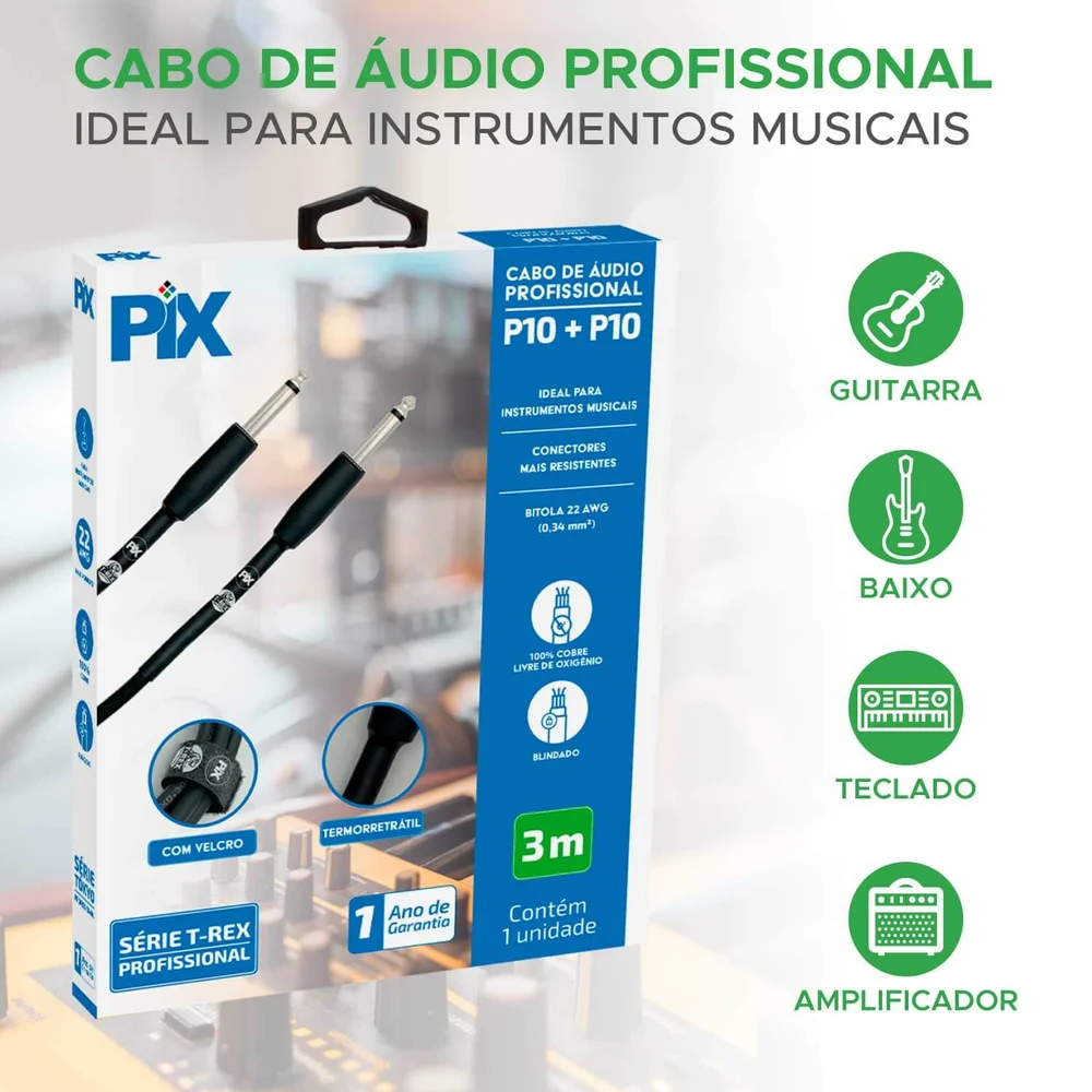 Imagem 3 de 5 do produto Cabo P10 P10 Mono 100% Cobre Para Instrumentos - 3 Metros
