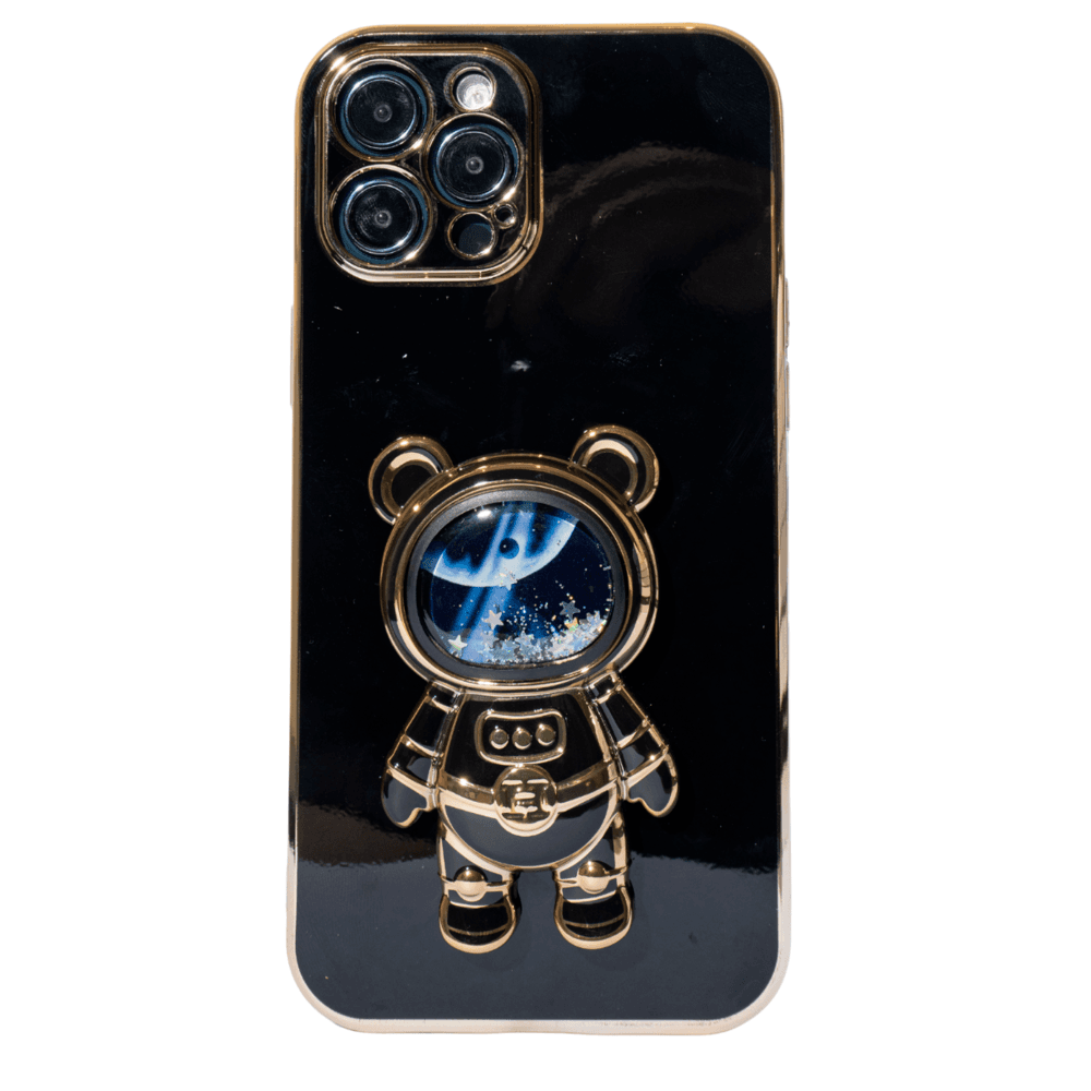 Imagem 1 de 3 do produto Capa Com Suporte De Astronauta Galvanizado Compatível Com Iphone Modelo:15 Pro;cor:preto