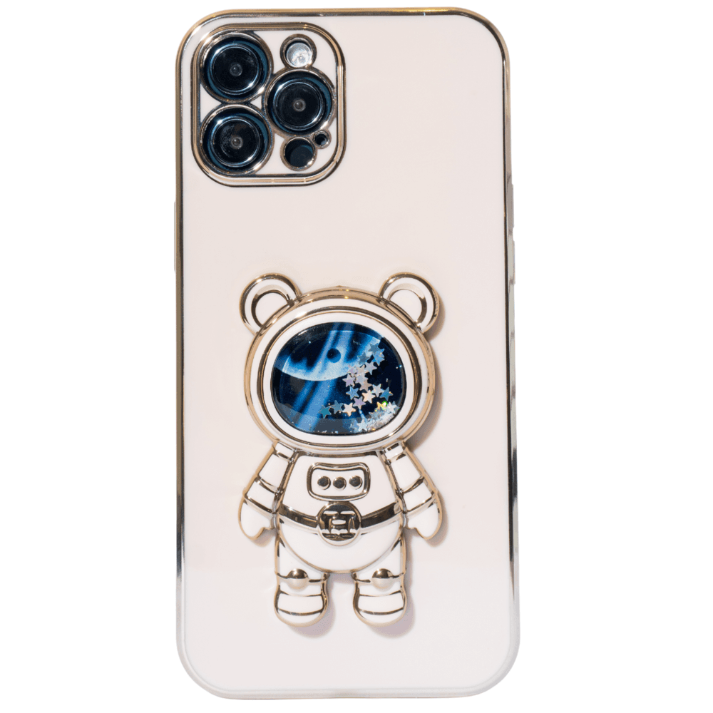Imagem 1 de 3 do produto Capa Com Suporte De Astronauta Galvanizado Compatível Com Iphone Modelo:15 Plus;cor:dourado