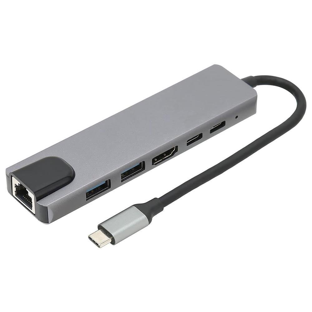 Imagem 1 de 5 do produto Adaptador Usb Tipo C 6x1 Para HDMI 4k, Rj45, Usb 3.0 E Pd