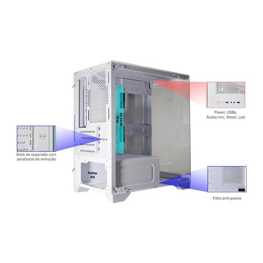 Imagem 5 de 5 do produto Gabinete Gamer K-mex Aquario Cg-w1f9 Micro Poseidon Branco Micro Atx Sem Cooler.