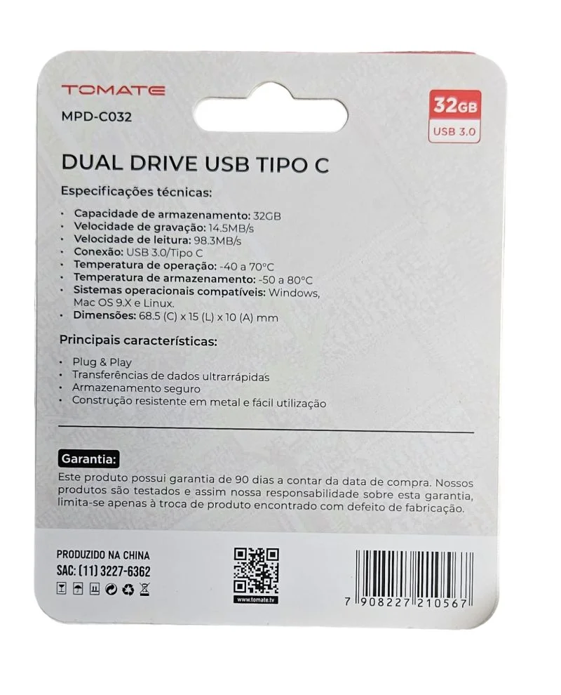 Imagem 4 de 4 do produto Pen Drive Duplo Usb 3.0 E Type-c 32gb Tomate Mpd-c032 Rapido.