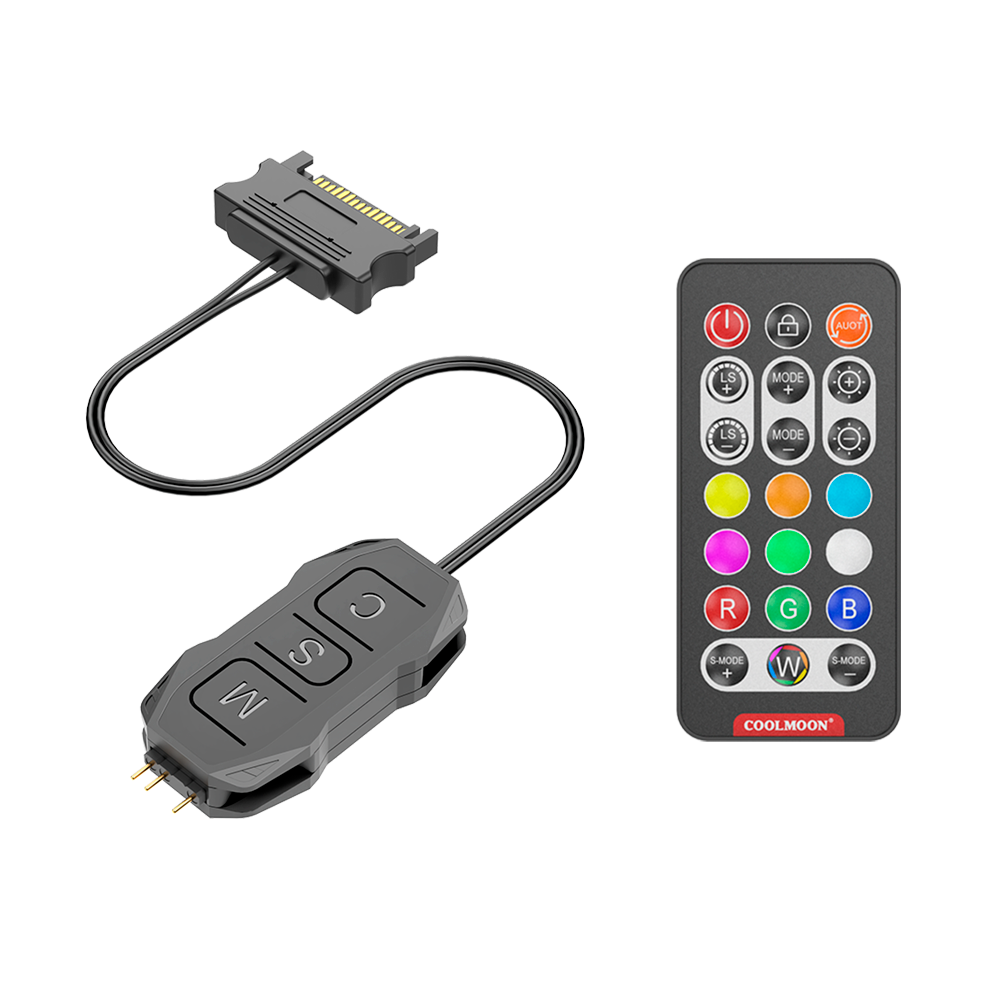 Controlador De LED Coolmoon SK1 ARGB 5v 3 Pinos, Alimentação Sata, Com Controle Remoto, Compatível com fans e fita de LED, CM-SK1-B