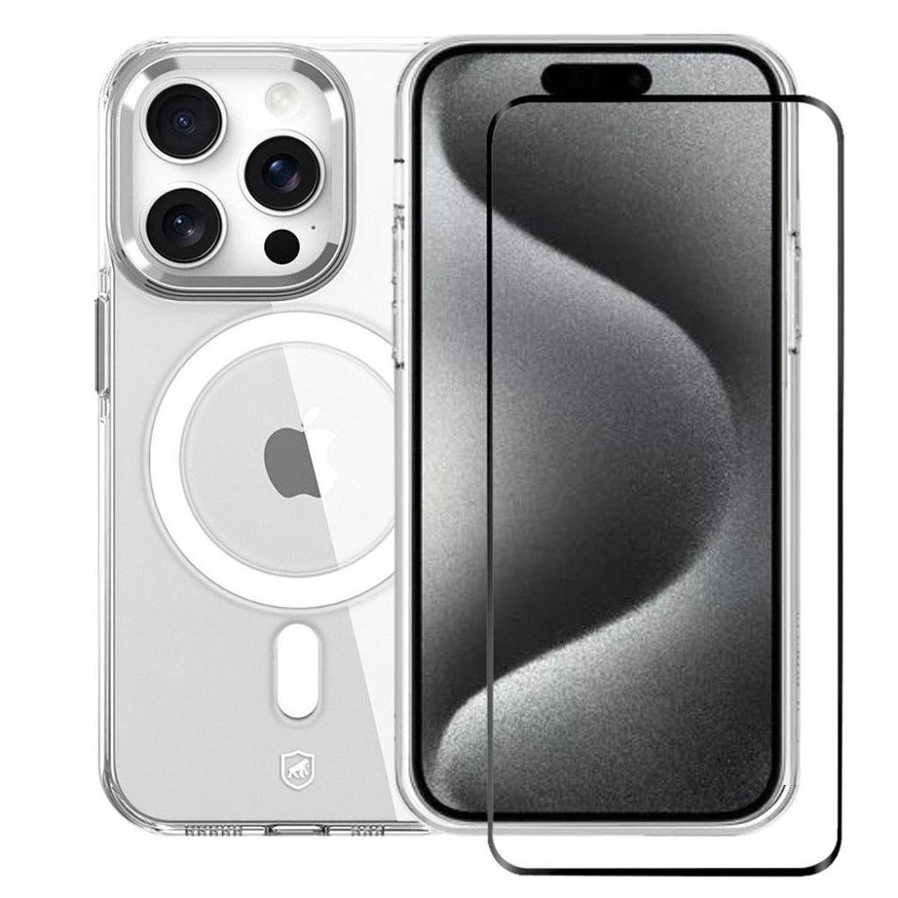 Kit Capa Magsafe Crystal Armor E Pelicula Coverage 5d Pro Preta Para Iphone 15 Pro - Gshield