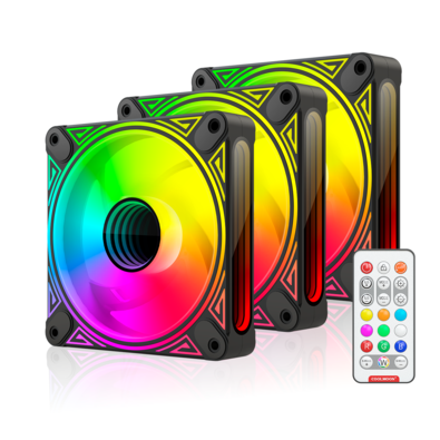 Kit 3 Cooler Fan 120mm Coolmoon Dm1, Pwm 4 Pinos, ARGB 3 Pinos, Silencioso, 800-1800 RPM, Com Controlador de LED