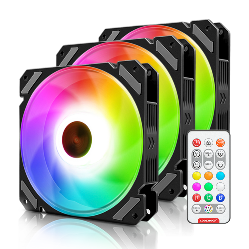 Kit 3 Cooler Fan 120mm Coolmoon Joy, Pwm 4 Pinos, ARGB 3 Pinos, Silencioso, 800-1800 RPM, Com Controlador de LED 4