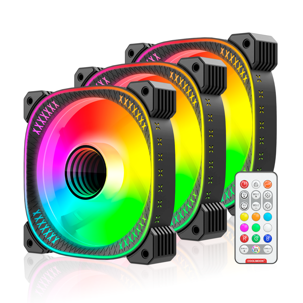 Kit 3 Cooler Fan 120mm Coolmoon Ty1, Pwm 4 Pinos, ARGB 3 Pinos, Silencioso, 800-1800 RPM, Com Controlador de LED 4