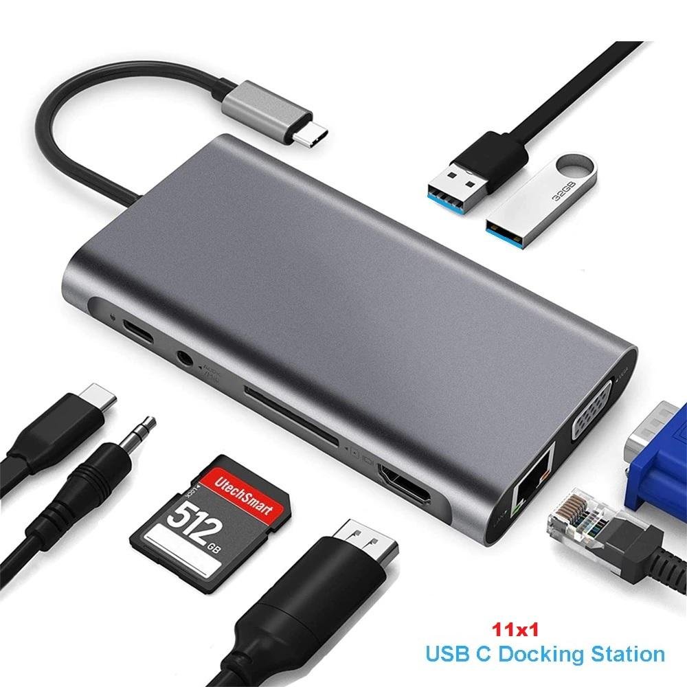 Hub Docking Station 11x1 Adaptador Type C X Lan, HDMI, Vga, Sd, Usb 3.0, Pd E P2