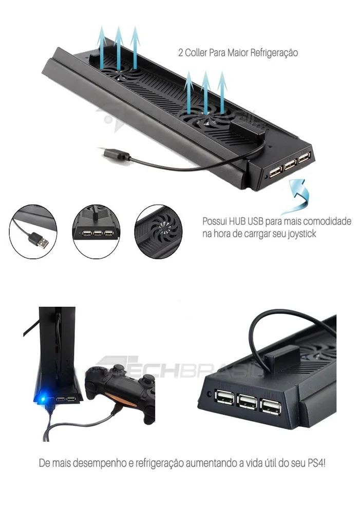 Base Suporte 2 Cooler Para Playstation 4 Fat Carregador 3 Usb Ps4