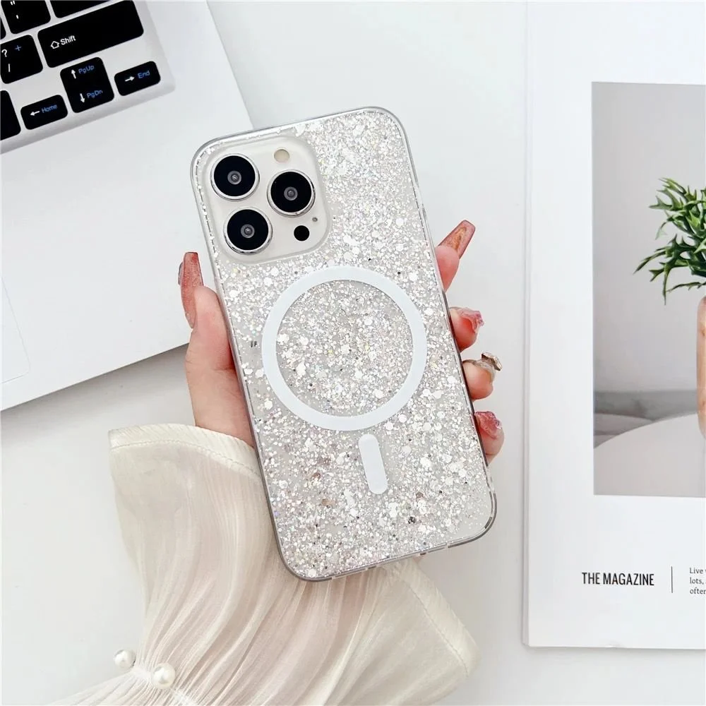 Imagem 2 de 3 do produto Capa Capinha Case Brilho Glitter Luxo Premium Magsafe Magnética Compatível Para Iphone 12 Pro Max - Branco