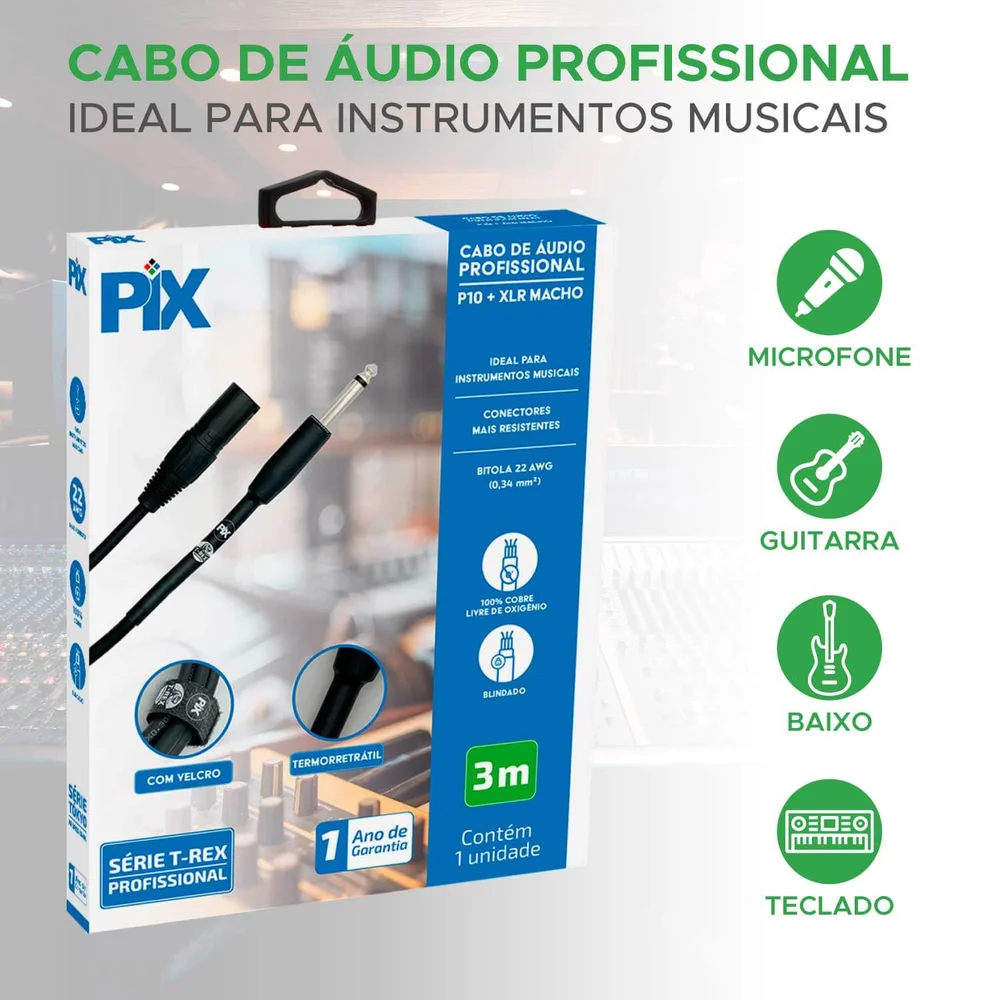 Imagem 5 de 5 do produto Cabo P10 Mono Para Xlr Macho 3 Metros Profissional.