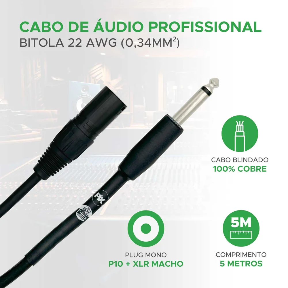 Imagem 2 de 5 do produto Cabo P10 Mono Para Xlr Macho 5 Metros Profissional.