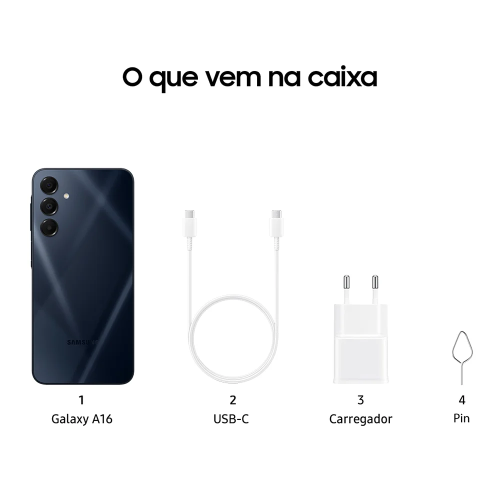 Celular Samsung Galaxy A16, 128GB + 4gb Ram, Câmera De Até 50mp, Tela 6.7”, Nfc, Ip54, Bateria 5000 Mah Preto Celular Samsung Galaxy A16, 128GB + 4gb Ram, Câmera De Até 50mp, Tela 6.7”, Nfc, Ip54, Bateria 5000 Mah Preto