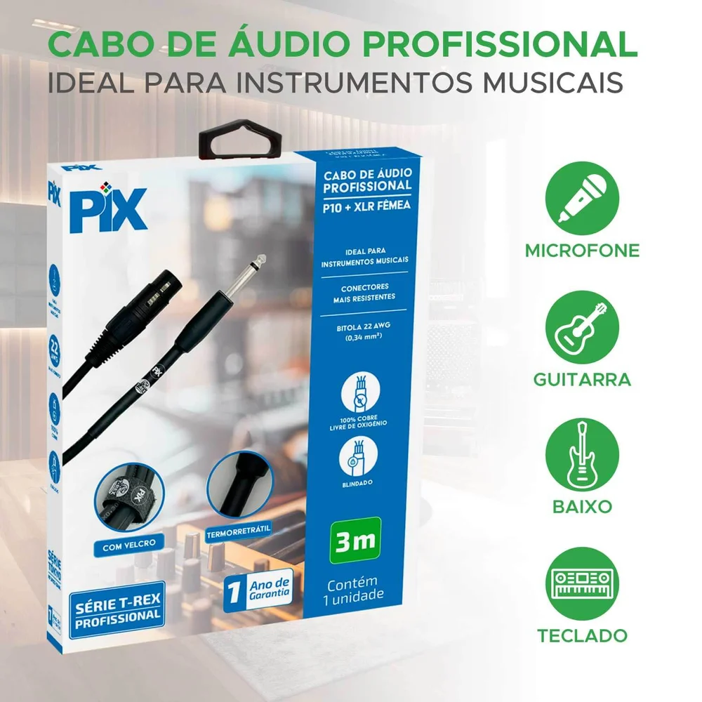 Imagem 5 de 5 do produto Cabo P10 Mono Para Xlr Fêmea 3 Metros Profissional