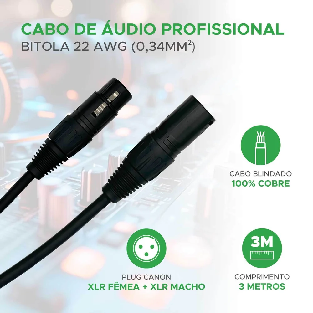 Imagem 2 de 5 do produto Cabo Xlr Macho Para Xlr Fêmea 3 Metros Profissional