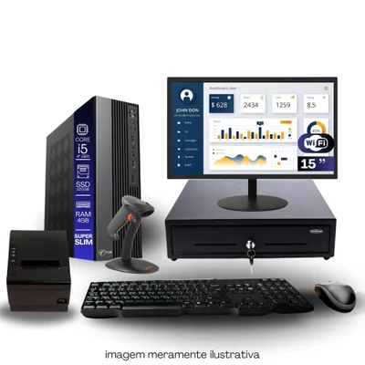 Kit Automação Pdv Tob I5 4ªg 4gb SSD 120GB Win10 Rede S/fio Teclado Mouse Monitor 15" Gvt. Dinheiro  Imp. Térmica Leitor Cód Barras