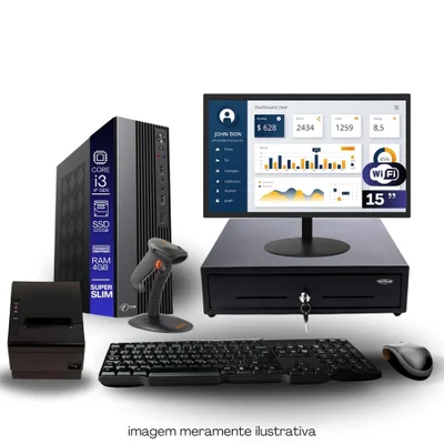 Kit Automação Pdv Tob I3 4ªg 4gb SSD 120GB Win10 Rede S/fio Teclado Mouse Monitor 15" Gvt. Dinheiro  Imp. Térmica Leitor Cód Barras