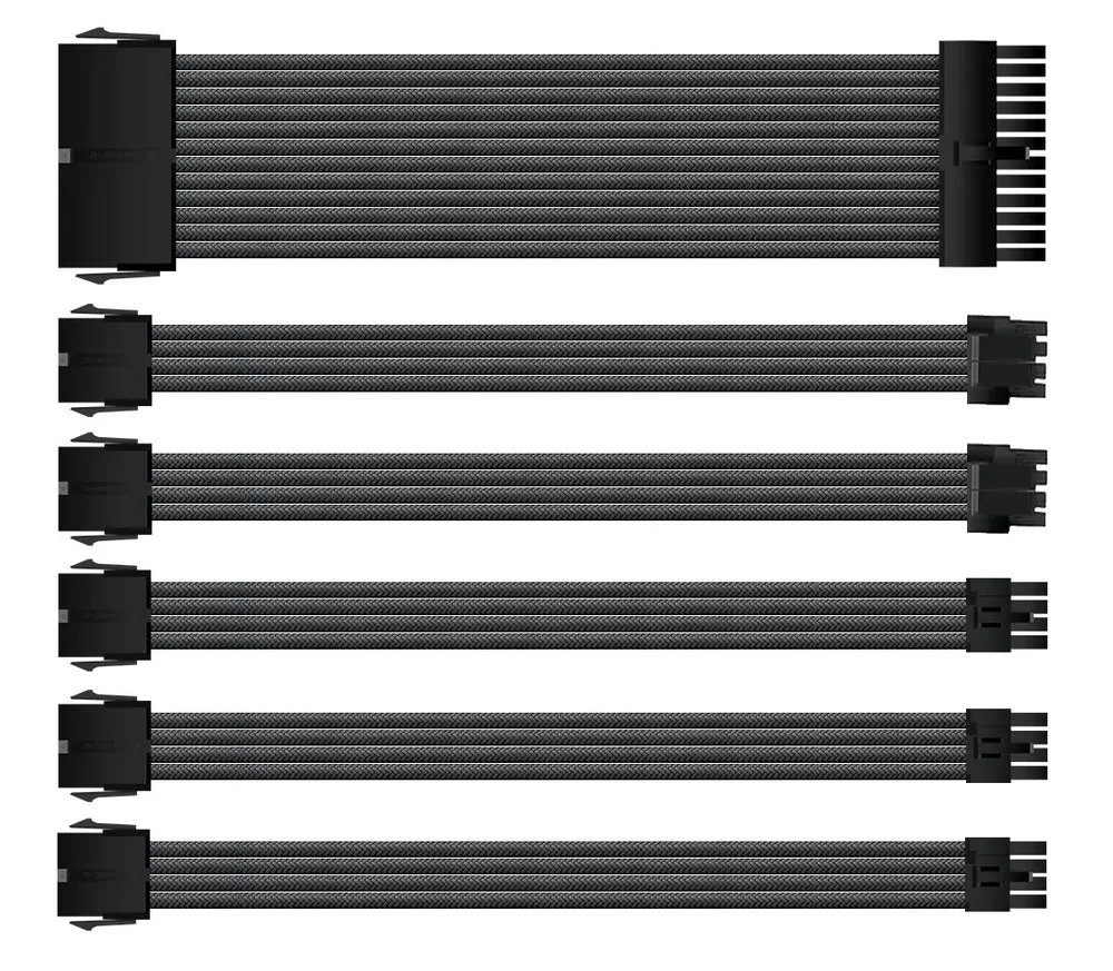 Imagem 2 de 5 do produto Kit 6 Cabo Sleeved Extensor de Fonte, 300mm, Full Black (Preto), Compatível com ATX 1 x 24 Pinos, CPU 2 x 4+4 Pinos, GPU 3 x 6+2 Pinos