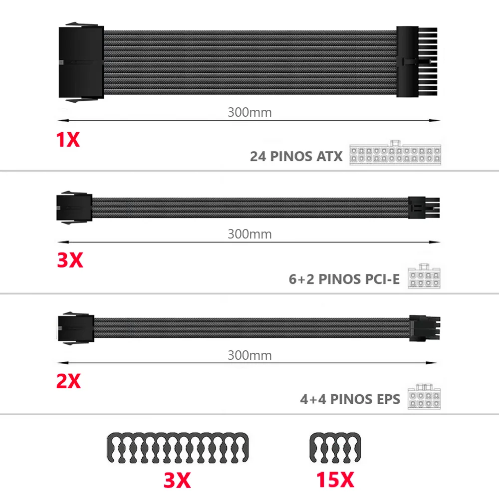 Imagem 4 de 5 do produto Kit 6 Cabo Sleeved Extensor de Fonte, 300mm, Full Black (Preto), Compatível com ATX 1 x 24 Pinos, CPU 2 x 4+4 Pinos, GPU 3 x 6+2 Pinos