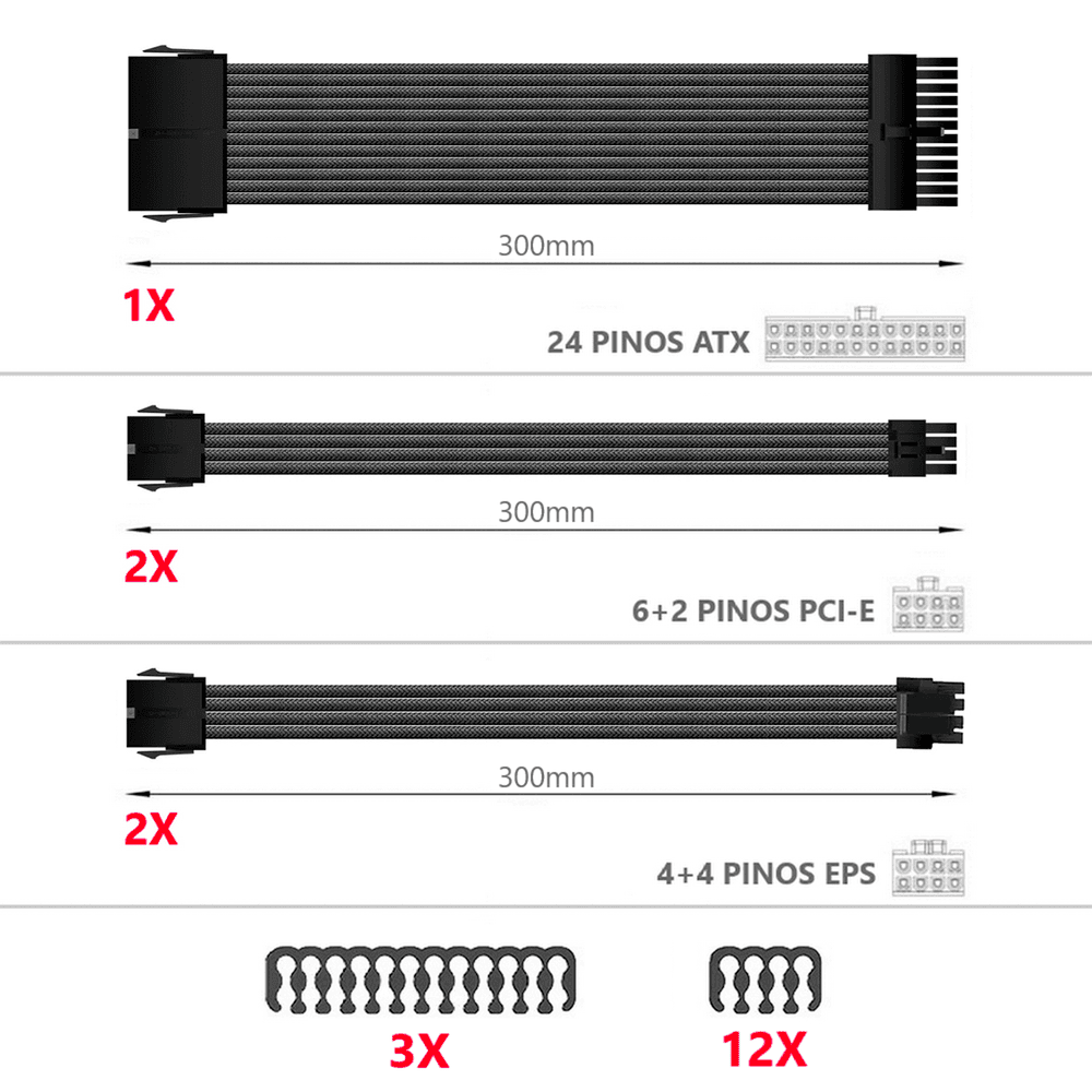 Imagem 3 de 4 do produto Kit 5 Cabo Sleeved Extensor de Fonte, 300mm, Full Black (Preto), Compatível com ATX 1 x 24 Pinos, CPU 2 x 4+4 Pinos, GPU 2 x 6+2 Pinos