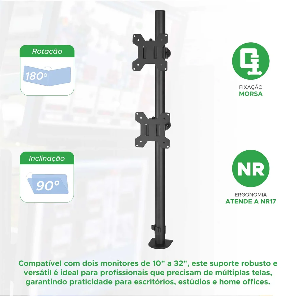 Imagem 4 de 5 do produto Suporte Ajustável Para 2 Monitores Com Morsa De 10" Até 32"