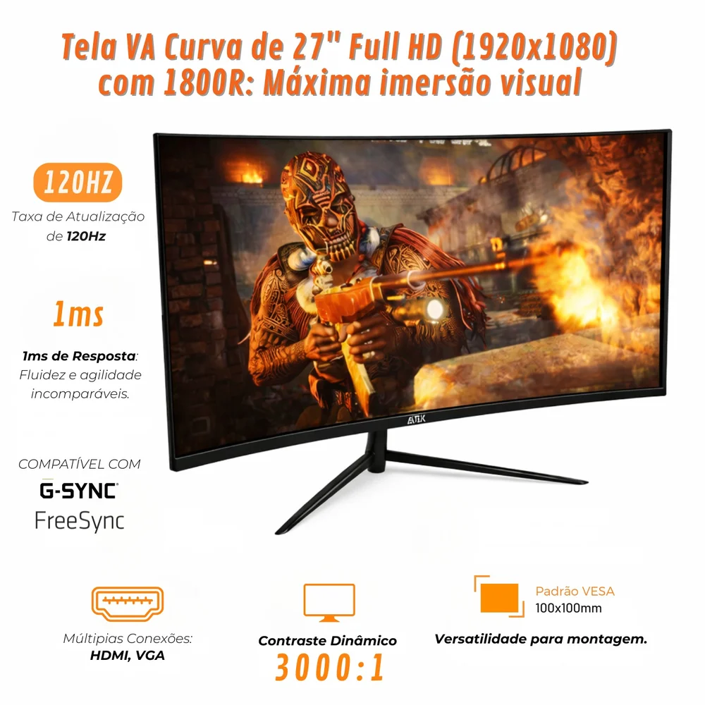 Monitor Gamer 27" Tela Curvo Full HD 100Hz 3ms, HDMI VGA VESA Aitek DELTA-M2710AC Monitor Gamer 27" Tela Curvo Full HD 100Hz 3ms, HDMI VGA VESA Aitek DELTA-M2710AC