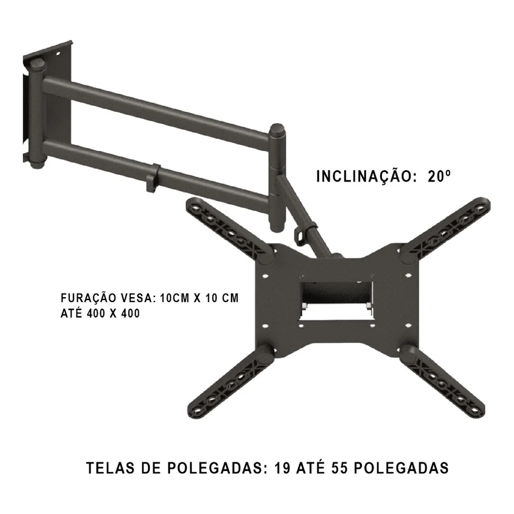 Imagem 4 de 5 do produto Suporte Triarticulado Para Tv, Monitor 19" A 55" Com Inclinação - Longo