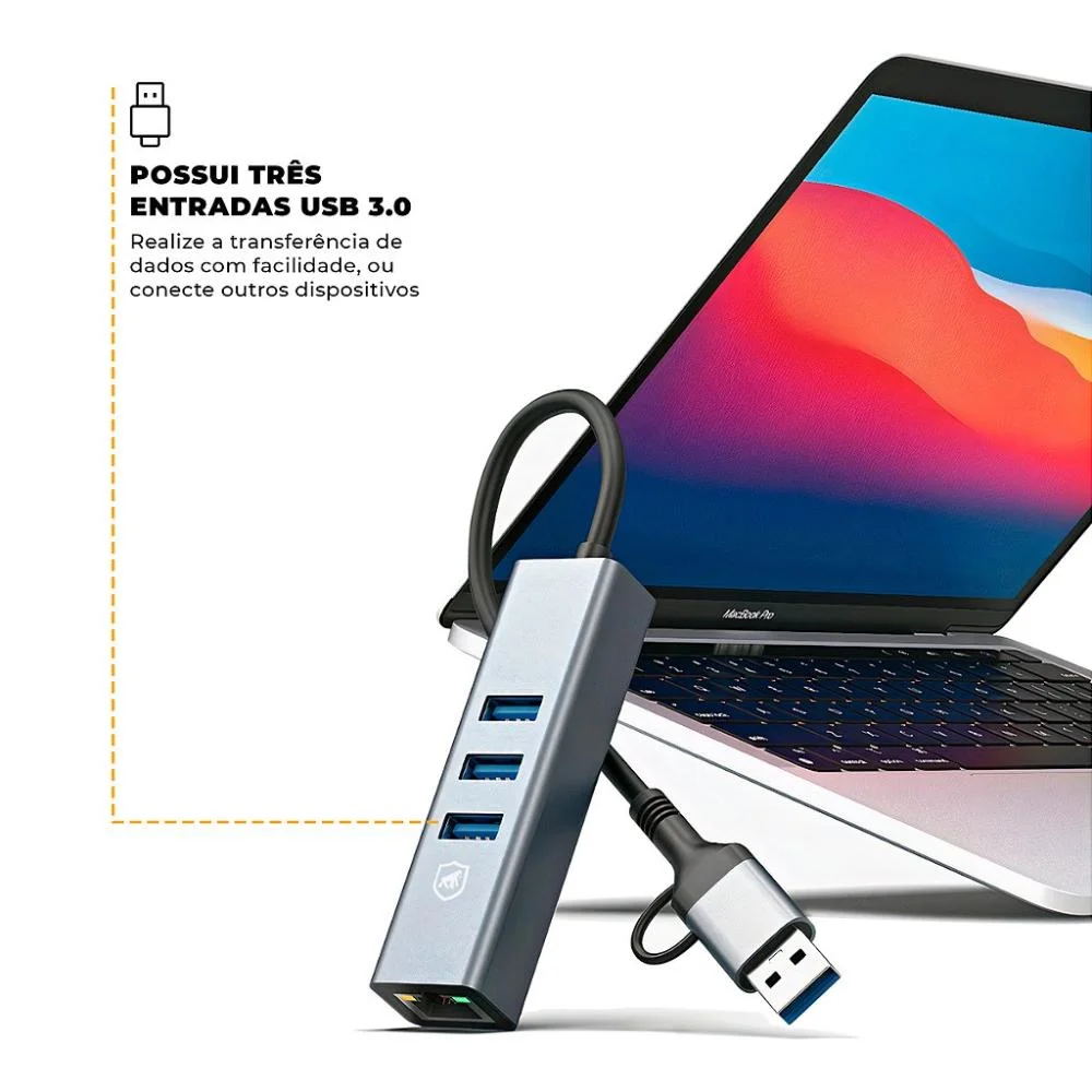 Imagem 3 de 5 do produto Adaptador Multiportas Usb Com Conector Ethernet Lan -gshield