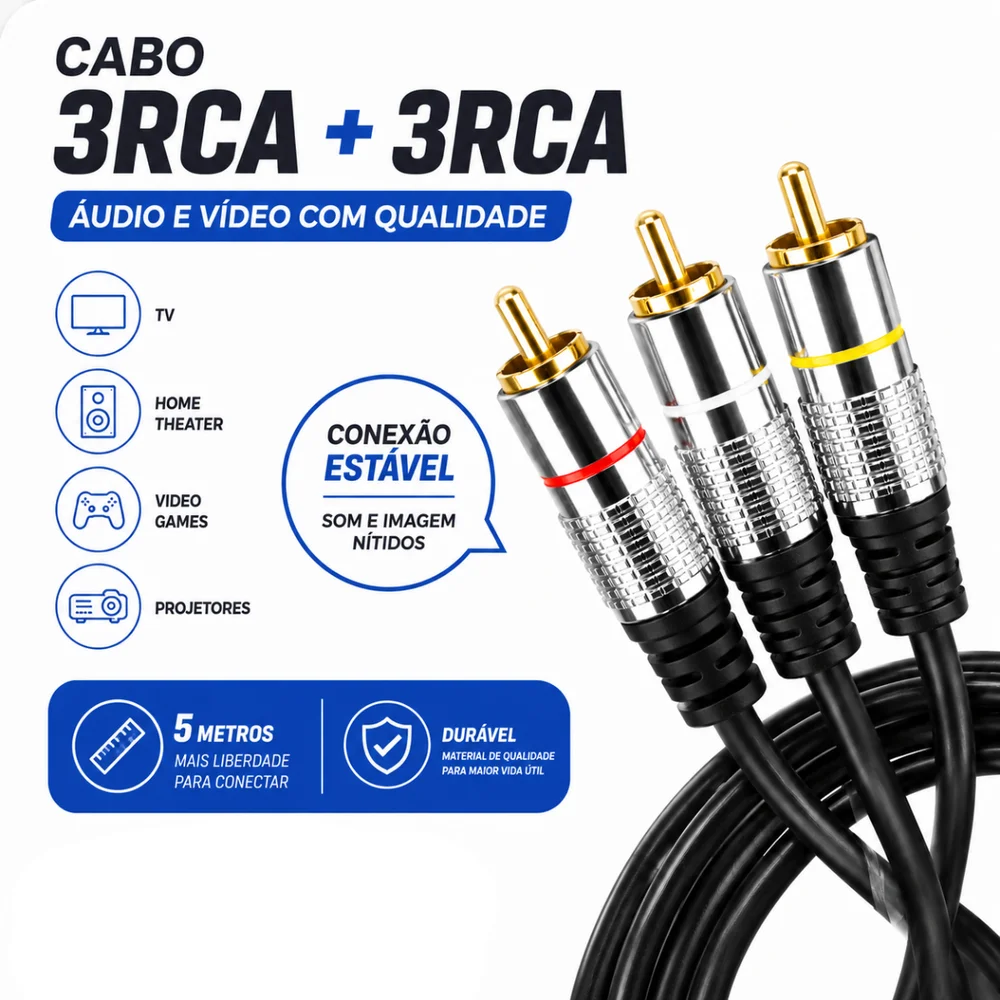Imagem 3 de 3 do produto Cabo Rca 5 Metros Dupla Blindagem Cobre 3+3 Rca Pix