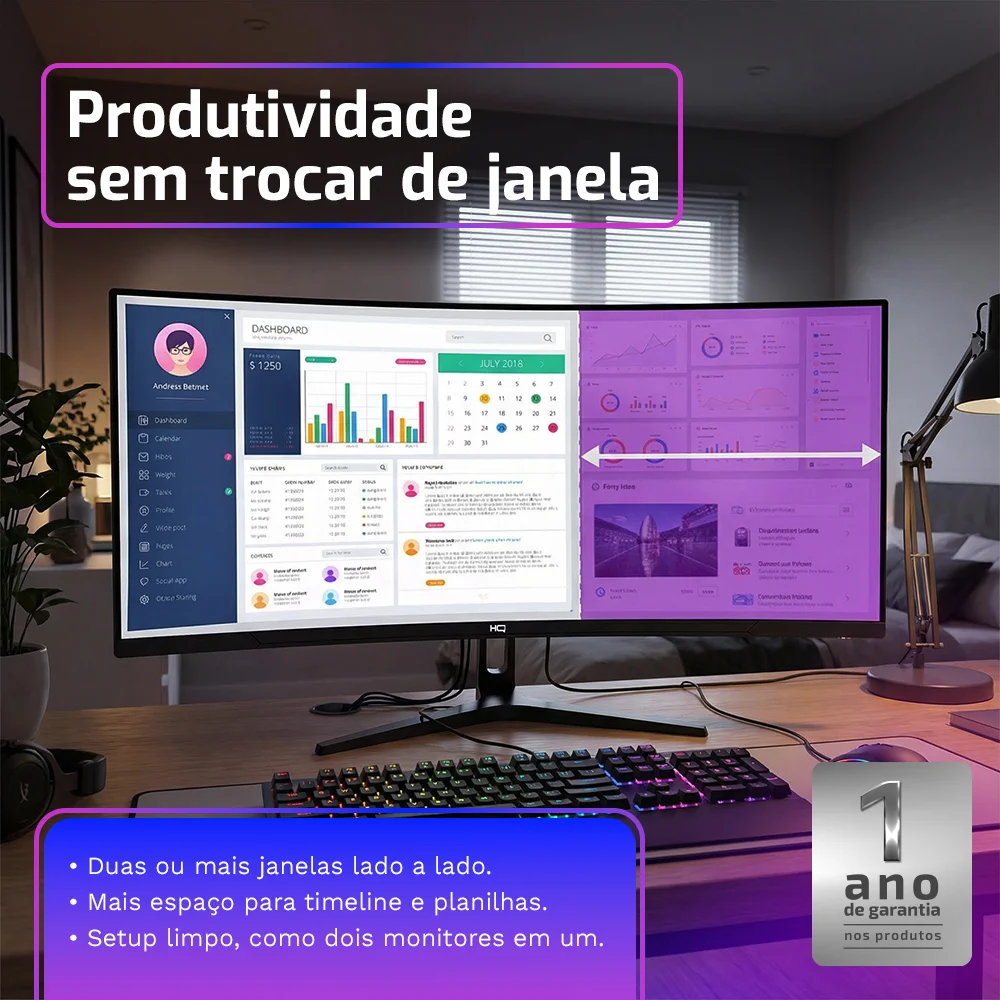 Monitor Gamer HQ Premium 34" Curvo, Ultrawide (QHD) 3440x1440, 1Ms, 165Hz, AMD Freesync, HDMI, DP - Hq34c16