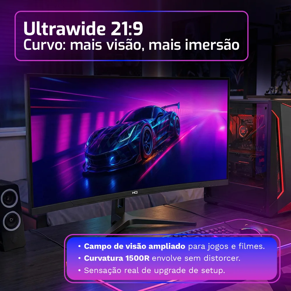 Monitor Gamer HQ Premium 34" Curvo, Ultrawide (QHD) 3440x1440, 1Ms, 165Hz, AMD Freesync, HDMI, DP - Hq34c16