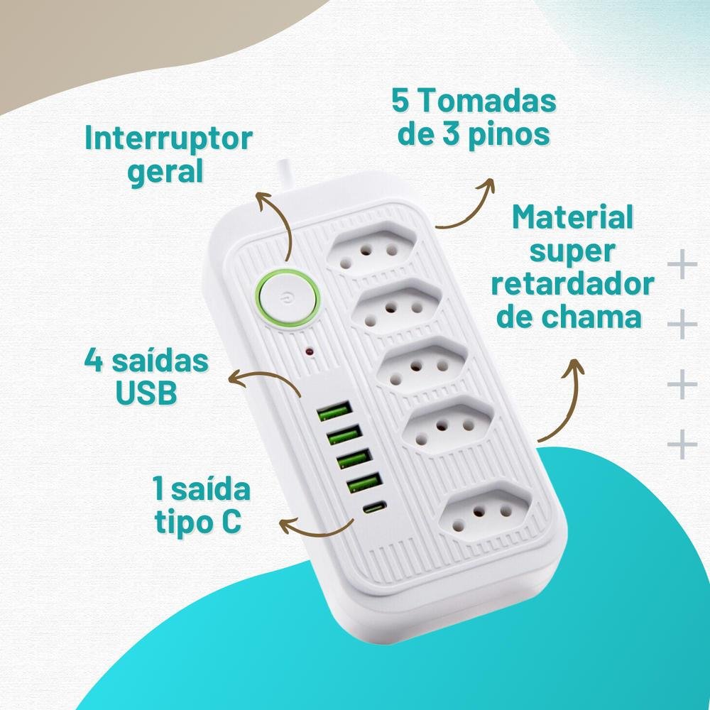 Imagem 2 de 5 do produto Extensão 5 Tomadas 4 Usb 1 Tipo C 1 Pd Led Bivolt 110v/220v :preto