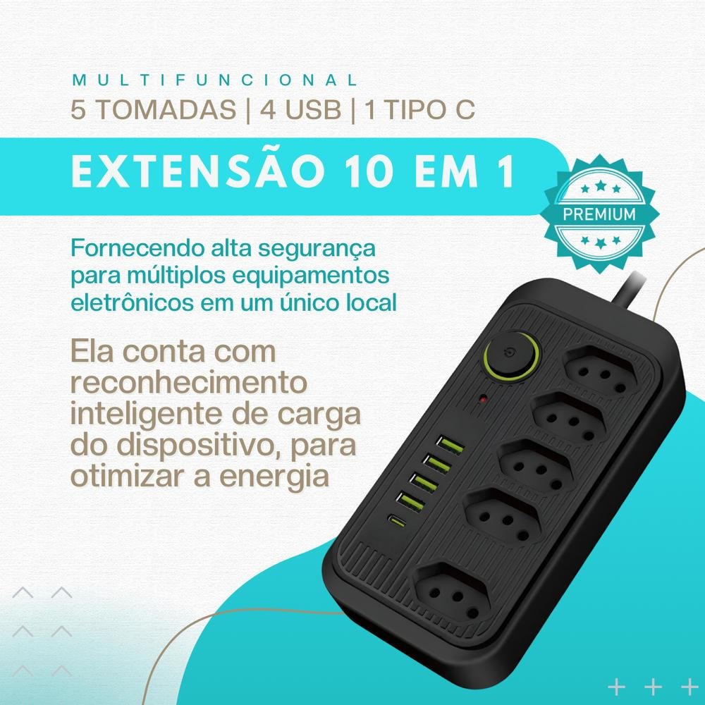 Imagem 3 de 5 do produto Extensão 5 Tomadas 4 Usb 1 Tipo C 1 Pd Led Bivolt 110v/220v :preto