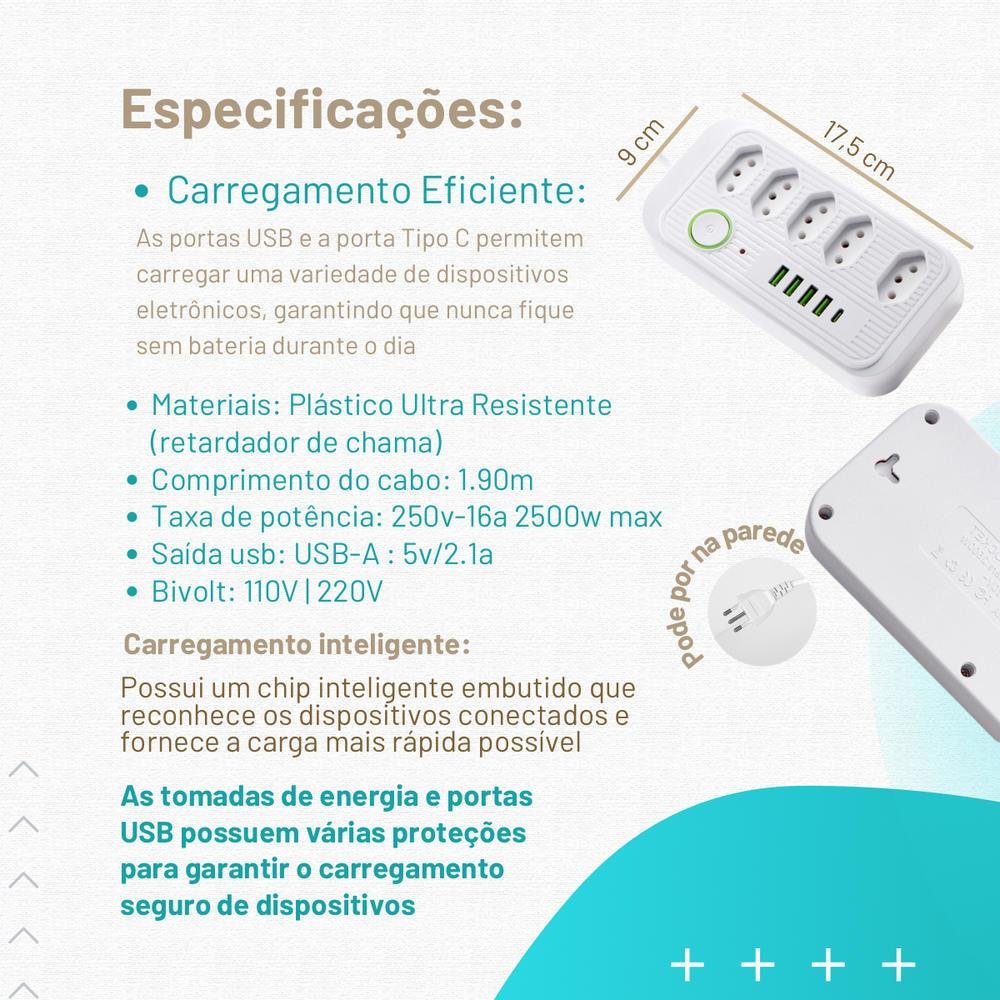 Imagem 4 de 5 do produto Extensão 5 Tomadas 4 Usb 1 Tipo C 1 Pd Led Bivolt 110v/220v :preto