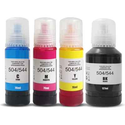 Refil Tinta Para Impressão Amarela Ciano E Magenta 70ml E Preta 127ml - 4 Unidades