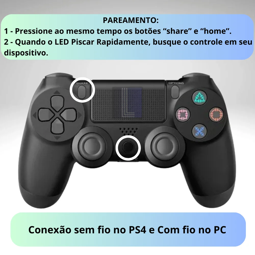 Imagem 2 de 5 do produto Kit 2 Controles Sem Fio Para Ps4 PC Com Cabo 1m Micro Usb