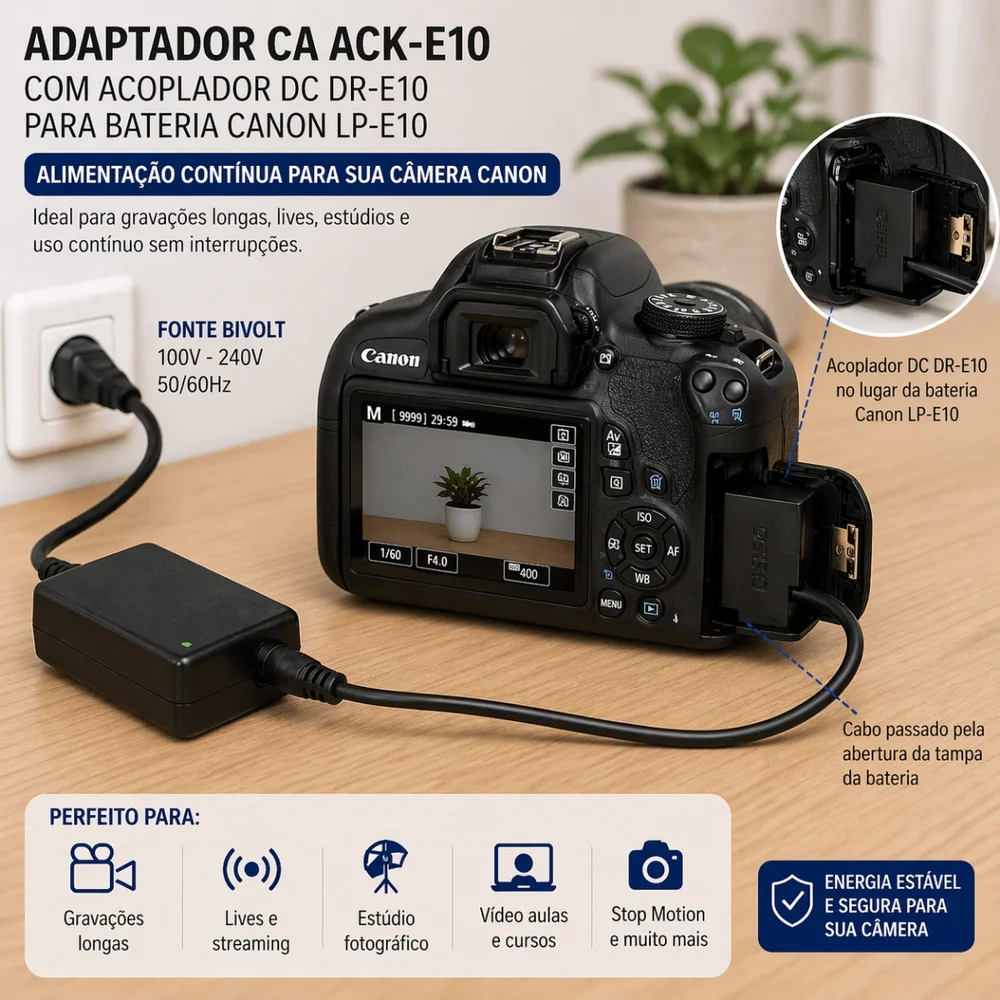 Imagem 5 de 5 do produto Adaptador Ca Ack-e10 Com Acoplador Dc Dr-e10 Para Bateria Canon Lp-e10 (bivolt)