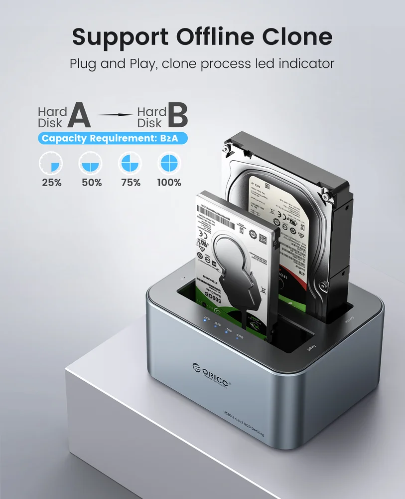 Imagem 3 de 5 do produto Dock Station Orico Sata 2,5 3,5 Clone Usb 3.2 Usb C 5gbps