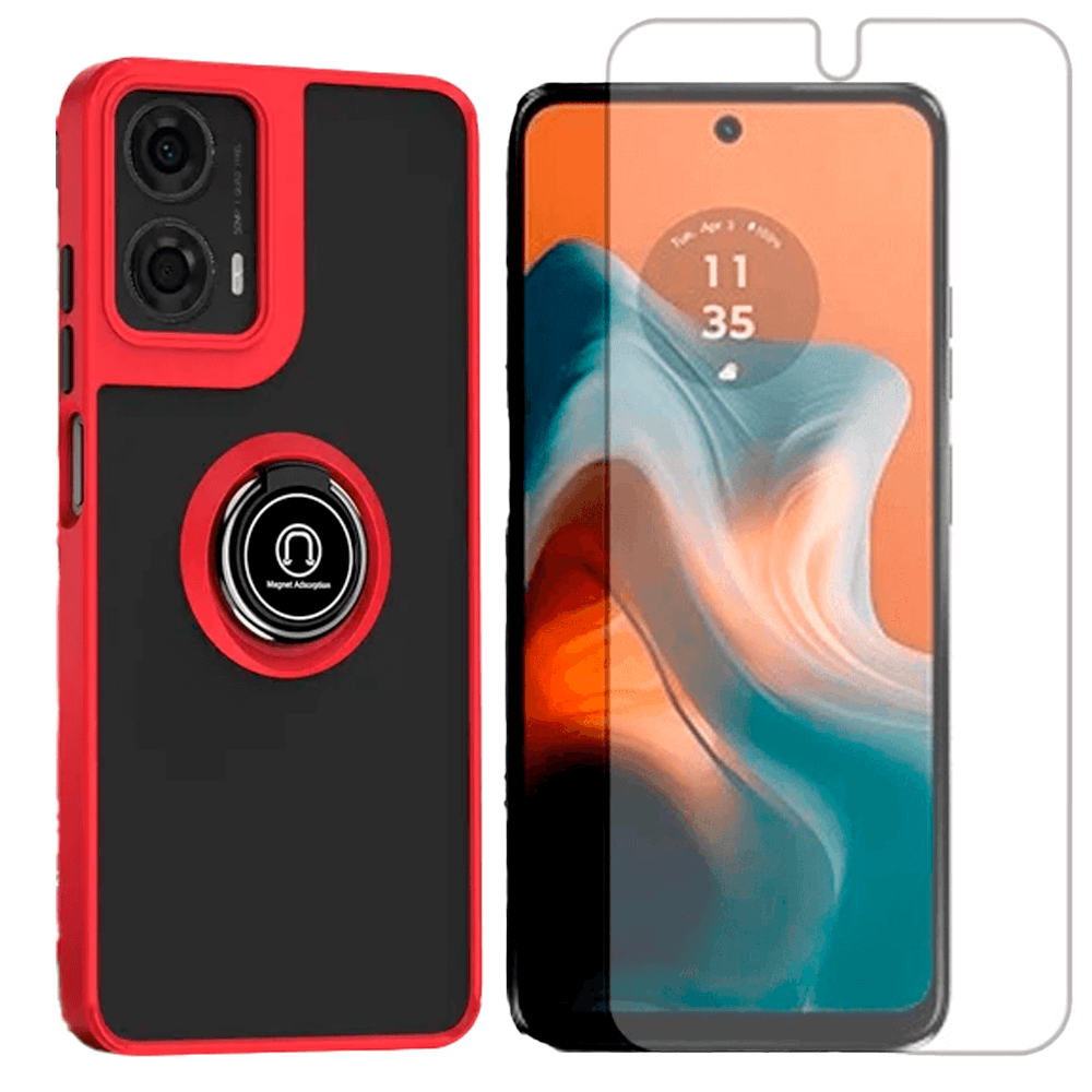 Capa Case Anel Para Motorola Moto G35 + Pelicula Hidrogel Cor:vermelho
